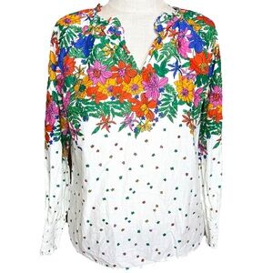 Talbots White Blissful Floral Smocked Cuff Blouse
